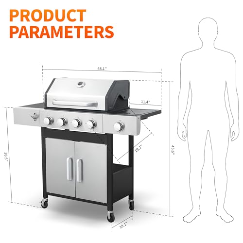 IdeaMaxx Propane Gas Grill 4 Burner, 49,000 BTU Outdoor BBQ Grill with Side Burner, Porcelain Cast Iron Grates & Stainless Steel, Fast Heating for Backyard, Camping, Tailgating