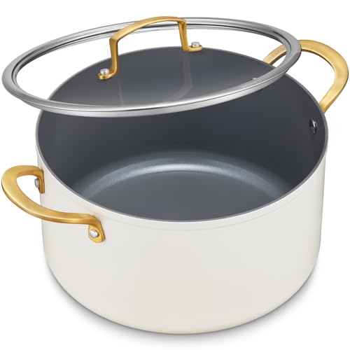 BEZIA 8 Quart Ceramic Stock Pot, Non Toxic Soup Pots with Lid, Non Stick Pot with Stainless Steel Handle, Compatible With Most Cooktops, Even Heat Distribution, Perfect for Soups & Stews, Cream