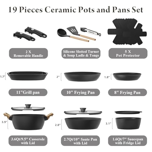 Bazova 19 Pcs Pots and Pans Set Non Stick Ceramic Cookware Set with Removable Handles, Non Toxic Induction Kitchen Cookware Sets RV Cookware,Dishwasher/Oven Safe PFAS/PTFE/PFOA Free,Black