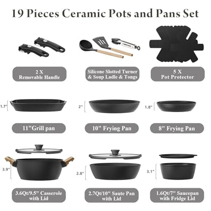 Bazova 19 Pcs Pots and Pans Set Non Stick Ceramic Cookware Set with Removable Handles, Non Toxic Induction Kitchen Cookware Sets RV Cookware,Dishwasher/Oven Safe PFAS/PTFE/PFOA Free,Black