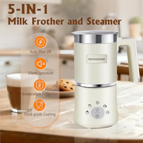 NESSGRAIM 5-in-1 Electric Milk Frother, Automatic Milk Frother & Steamer for Hot & Cold Foam, Large Capacity Milk Warmer for Latte Cappuccino, Hot Chocolate Maker, Dishwasher Safe (Beige)