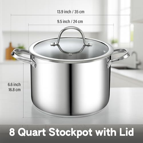Cooks Standard 8-Quart Stainless Steel Stockpot with Glass Lid, Large Dutch Oven Casserole for Soup, Stew, Chili & Pasta, Induction Compatible