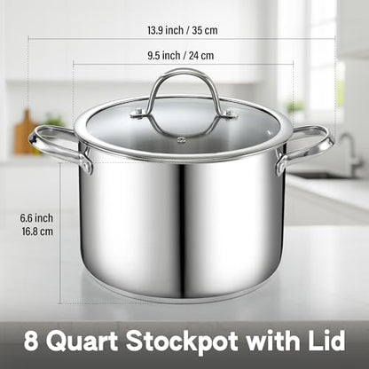 Cooks Standard 8-Quart Stainless Steel Stockpot with Glass Lid, Large Dutch Oven Casserole for Soup, Stew, Chili & Pasta, Induction Compatible