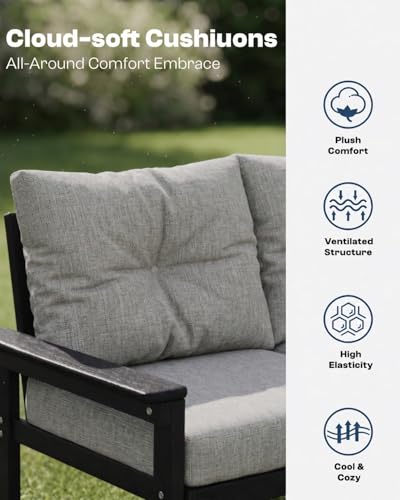Patio Kingdom HDPE Outdoor Patio Furniture Set, 11-Piece Sectional Set with 3-Seat Sofa, 4 Armchairs & 4 Tables, All-Weather Couch with Grey Washable Cushions for Porch (Black Frame)