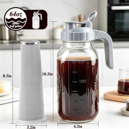 Cold Brew Coffee Maker 64oz Mason Jar Pitcher with Stainless Steel Filter