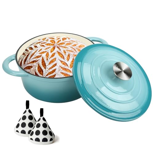 Cast Iron Dutch Oven 4.5 Quart Enameled Cast Iron Dutch Oven Pot with lid Heavy Duty Dutch Oven Dual Handles Porcelain Enameled Cast Iron Pot for Baking Braiser Cooking Family or Friends Gifts,Aqua