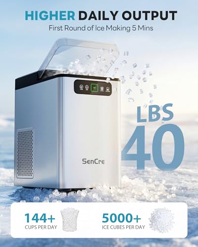 SenCre Nugget Ice Maker Countertop 40Lbs/24H Soft Chewable Ice Machine Pellet Crushed Ice Makers, One-Click Operation Auto Self-Cleaning Stainless Steel with Scoop for Home Kitchen Office, Silver
