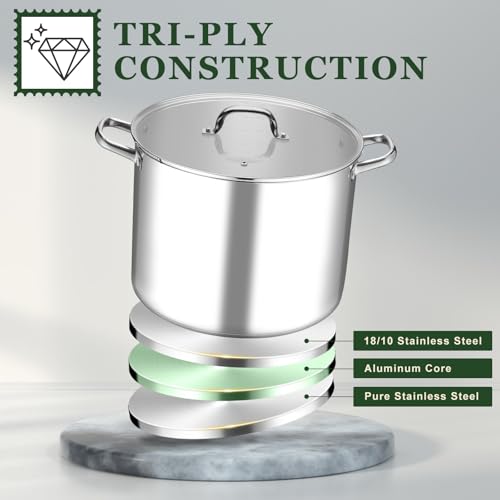 Leonyo 20QT Stock Pot, 18/10 Stainless Steel Soup Pot With Lid, Heavy Duty Stockpot Compatible with All Stoves, Food Grade Cookware for Pasta, Seafood, Spaghetti, Non Stick & Tri-Ply Base