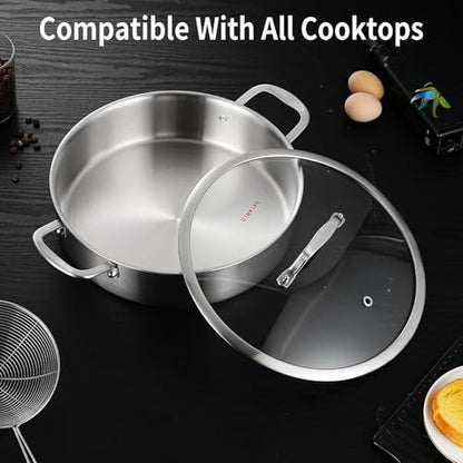 DELARLO 8QT Tri-Ply Stainless Steel Saute Pan With Lid, Jumbo Cooker 13 Inch Deep Frying Pan, Induction Large Skillet, Cooker Pan for Chefs, Dishwasher & Oven Safe
