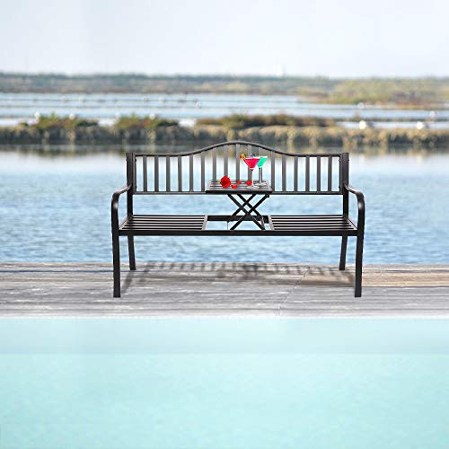 VINGLI 59" Outdoor Metal Bench Patio Bench with Built in Table Park Bench Garden Bench, Outside Benches Weather Proof Front Porch Bench for Yard Lawn Decor Deck