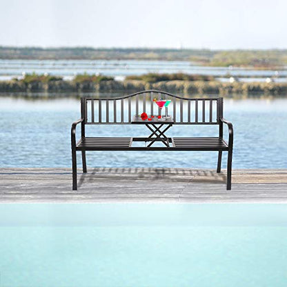 VINGLI 59" Outdoor Metal Bench Patio Bench with Built in Table Park Bench Garden Bench, Outside Benches Weather Proof Front Porch Bench for Yard Lawn Decor Deck