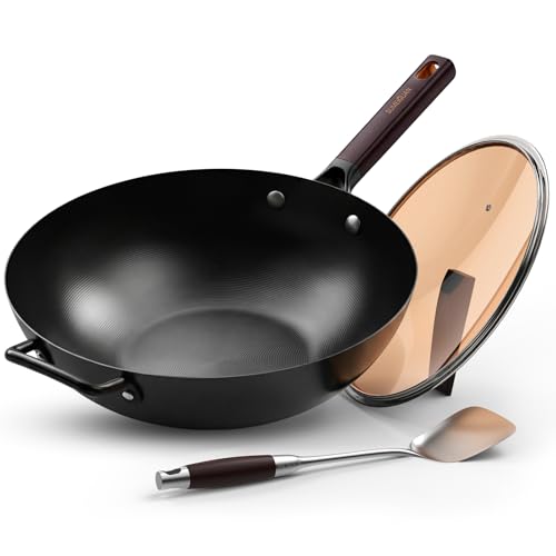 SUMEIGUAN 13.5" Carbon Steel Wok Pan - Pre-Seasoned Flat Bottom Woks & Stir-fry Pans Chinese Cookware with Lid & Spatula - For Pan-fry,Stir Fry, Steam, BBQ & Camping - Compatible with Induction, Gas
