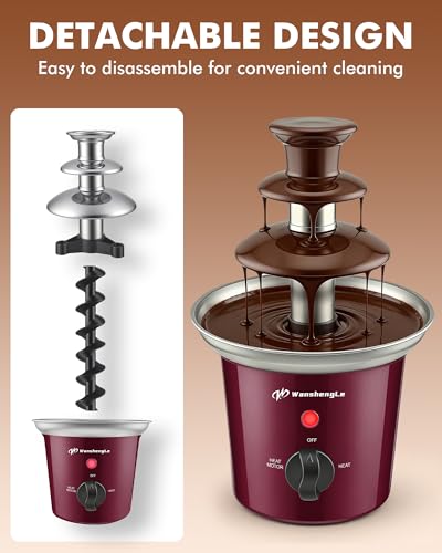 WanshengLe 3-Tier Mini Gear Chocolate Fountain, 14oz Small Stainless Steel Chocolate Fondue Fountain, Detachable Chocolate Fondue Machine for Party Night, Dip Strawberries - Burgundy