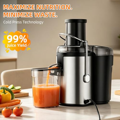 Panana Centrifugal Juicer Extractor with Wide Mouth 2.5” Feed Chute for Fruit Vegetable, Easy to Clean, Stainless Steel, BPA-free (Silver)