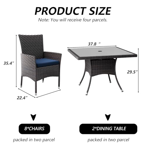 Kullavik 10 Pieces Outdoor Dining Set Patio Rattan Furniture Set,Patio Dining Table and Chairs Set with 8 Chairs and Cushions,Square Glass Tabletop with Umbrella Hole for Patio,Backyard,Navy Blue