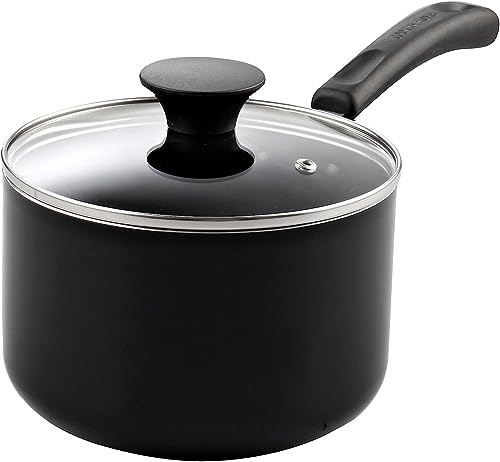 Cook N Home Basic Nonstick Saucepan with Glass Lid, Non Stick Aluminum Sauce Pan, Multi-purpose Kitchen Pot, Milk Chocolate Cooking Pot Pan with Stay-Cool Handle, 3-Quart, Black