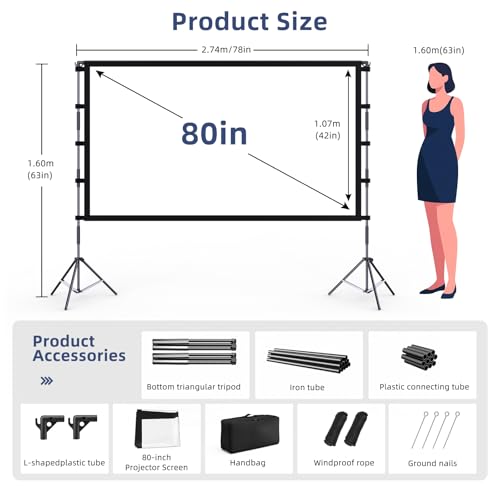 Outdoor Projector Screen with Stand, 80 Inch, 16:9 4K HD Portable Projector Screen Outdoor Indoor with Carry Bag for Backyard Movie Night