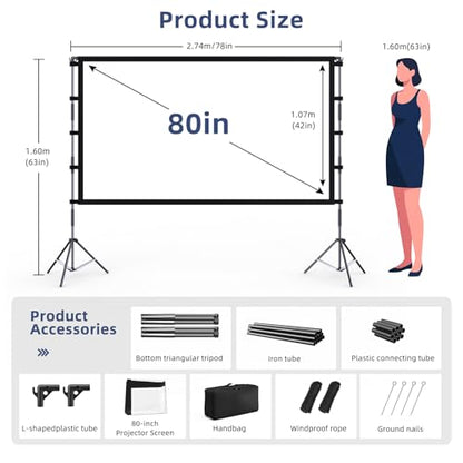 Outdoor Projector Screen with Stand, 80 Inch, 16:9 4K HD Portable Projector Screen Outdoor Indoor with Carry Bag for Backyard Movie Night