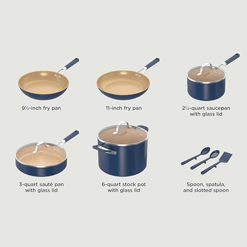 Ninja Ceramic Cookware Set, Extended Life 11-Piece Kitchen Cookware Sets with Comfort Grip, Nonstick Fry Pans, Pots, PTFE Free, Oven & Dishwasher Safe, Stovetop Compatible, Navy Blue, CW49011