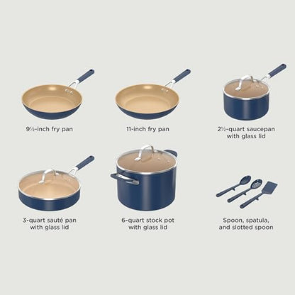Ninja Ceramic Cookware Set, Extended Life 11-Piece Kitchen Cookware Sets with Comfort Grip, Nonstick Fry Pans, Pots, PTFE Free, Oven & Dishwasher Safe, Stovetop Compatible, Navy Blue, CW49011