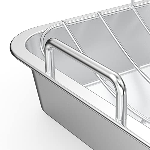 Onlyfire Roasting Pan with U-Rack - Stainless Steel Barbecue Bakeware Roaster, 16 Inch Rectangular Turkey Roaster Lasagna Pan for Roasting Turkey, Chicken, Meat & Vegetables, Oven Safe
