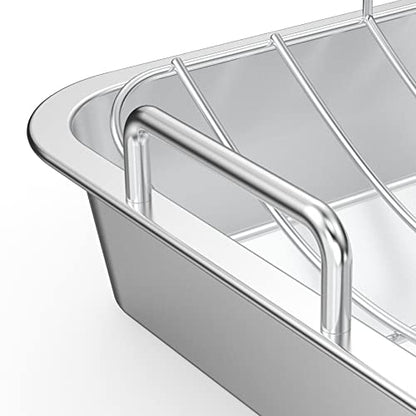 Onlyfire Roasting Pan with U-Rack - Stainless Steel Barbecue Bakeware Roaster, 16 Inch Rectangular Turkey Roaster Lasagna Pan for Roasting Turkey, Chicken, Meat & Vegetables, Oven Safe