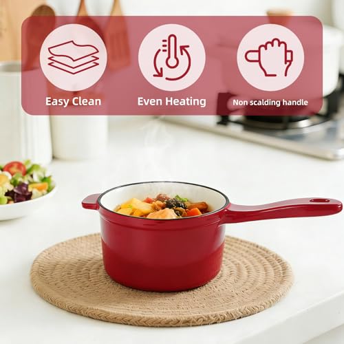 Enameled Cast Iron Sauce Pan, 2 Quarts Round Sauce Pot with Lid, Mini Dutch Oven Enamel Saucepan for Cooking Pasta Sauce, Marinate, Simmer, Refrigerate and Serve, Multiple Colors Available