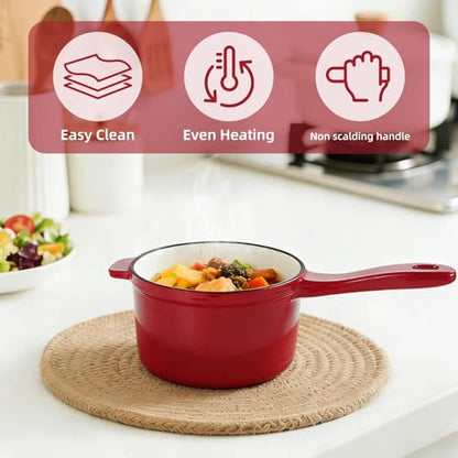 Enameled Cast Iron Sauce Pan, 2 Quarts Round Sauce Pot with Lid, Mini Dutch Oven Enamel Saucepan for Cooking Pasta Sauce, Marinate, Simmer, Refrigerate and Serve, Multiple Colors Available