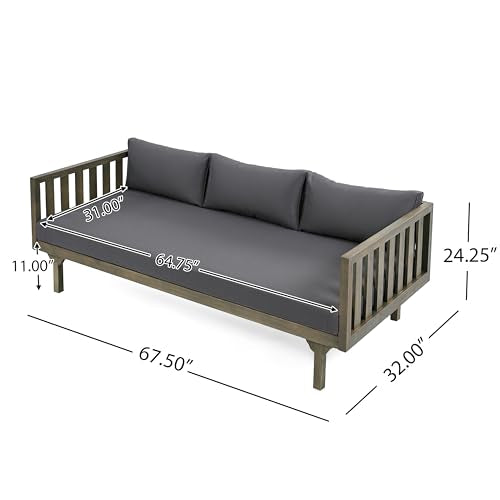 Christopher Knight Home Claremont Outdoor 3 Seater Acacia Wood Daybed with Fabric Water Resistant and Removable Cushions, Patio Garden Sofa with Slat Paneling Armrest and Back, Grey and Dark Grey