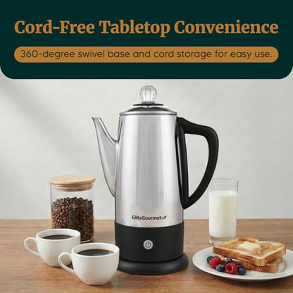 Elite Gourmet EC812 Electric 12-Cup Coffee Percolator with Keep Warm, Clear Brew Progress Knob Cool-Touch Handle Cord-less Serve, Stainless Steel