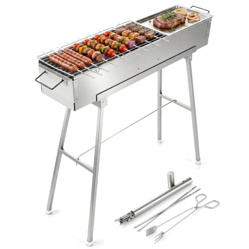 IRONWALLS Portable Charcoal Grill Foldable with Skewer, 32"(L)x8"(W)x32"(H)