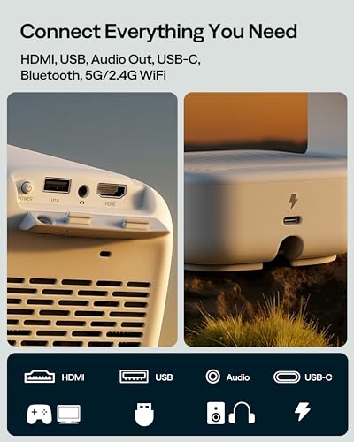 Aurzen D1 air Smart Portable Projector with WiFi and Bluetooth, USB-C Powered, Easy Auto Setup, 16W Dolby Audio, Built-in Apps, Native 1080P HDR10, Outdoor Movie Projector 4K Supported, White