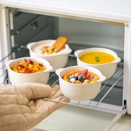 4-Pack Ceramic Mini Cocotte Set, 10 Oz Stoneware Casserole Dishes with Handles & Lids, Oven-Safe Ramekins for Soufflé, Soup, Cobbler & Baking, Individual Serving Bakeware, Off White