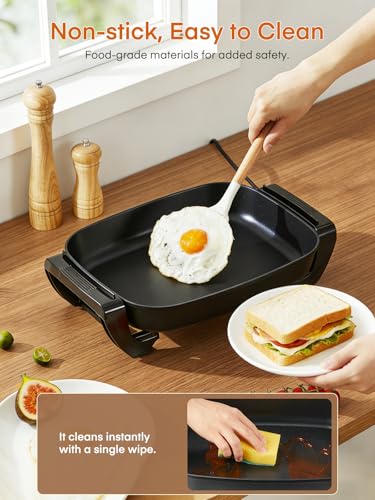 FOHERE 16-Inch Electric Skillet with Glass Cover, 1500W Rapid Heat, Adjustable Temperature, Multi-Purpose Electric Skillet Fried Chicken, Perfect For Family Gathering Cooking