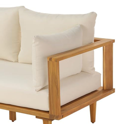 Merax 102" Outdoor Modular Sectional Sofa Set, 6 Seats L-Shaped Couch Wood Waterproof Fabric Patio Furniture Set with Coffee Table, Weather-Resistant Cushions for Backyard, Poolside, Natural+Beige