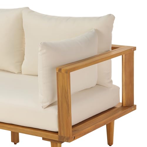 Christopher Knight Home Flynn Acacia Wood Patio Furniture Set, 6-Seater L-Shaped Sectional Sofa Set and Small Coffee Table, Outdoor Conversation Set for Backyard Poolside Balcony, Natural+Beige
