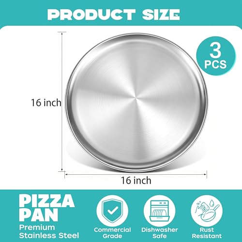 BSTUR Stainless Steel Pizza Pan 16 inch, Pizza Pan for Oven, Thick Round Pizza Tray Baking Sheet, Large Metal Pizza Pan, Dishwasher Safe, Easy Clean & Dishwasher Safe, Set of 3