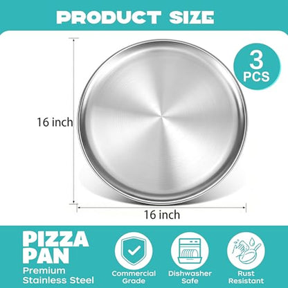 BSTUR Stainless Steel Pizza Pan 16 inch, Pizza Pan for Oven, Thick Round Pizza Tray Baking Sheet, Large Metal Pizza Pan, Dishwasher Safe, Easy Clean & Dishwasher Safe, Set of 3
