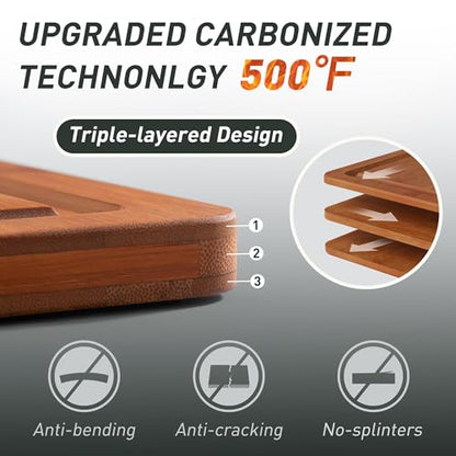 3 Packs Bamboo Cutting Board Set with Non Slip Feet Holder and Over Sink Nice Solid Thick Wood Juice Groove Chopping Board Extra Large Big Small Best Hardwood Kitchen Organic Vegetable Meat BBQ Kit