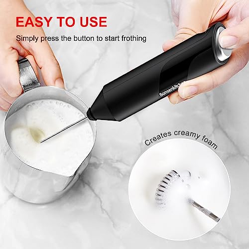 Bonsenkitchen Powerful Milk Frother for Coffee, Fast Handheld Drink Mixer with Stainless Steel Whisk, Battery Operated Hand Frother Stirrer Wand-Black