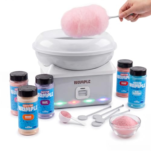 Wumple Cotton Candy Maker Machine for Kids with LED Lights – Electric Candy Machine for Kids, Quick Heat-Up, Lidded Bowl – 5-Flavor Bundle - Grey