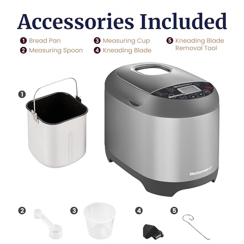 Elite Gourmet EBM8103SS Programmable Bread Maker Machine, 3 Loaf Sizes, 19 Menu Functions Gluten Free White Wheat Rye French and more, 2 Lb, Stainless Steel
