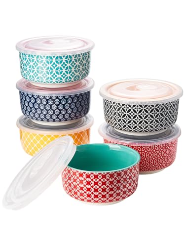 DOWAN 6 oz Ramekins with Lids Oven Safe for Creme Brulee Souffle, Ceramic Custard Cups for Baking, Small Bowls for Pudding Dip Ice Cream, Set of 6, Vibrant Colors
