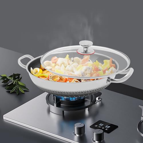 Wtobybt 36cm/14in Stainless Steel Pan with Lid, Double-Handled Frying Pan Hybird Induction Cooking Pans Round Wok for Induction Cookers Electric Ceramic Stoves Electric Stoves