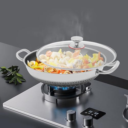 Wtobybt 36cm/14in Stainless Steel Pan with Lid, Double-Handled Frying Pan Hybird Induction Cooking Pans Round Wok for Induction Cookers Electric Ceramic Stoves Electric Stoves