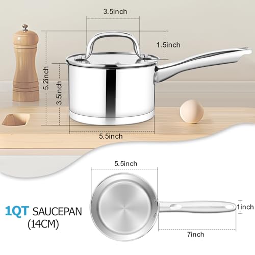 TeamFar 1 qt Saucepan, Stainless Steel Small Sauce Pan & Lid with Tri-ply Bottom for Cooking/Boiling/Stewing, For Induction/Gas/Electric, Non-Toxic & Heavy Duty, Straight Side & Dishwasher Safe