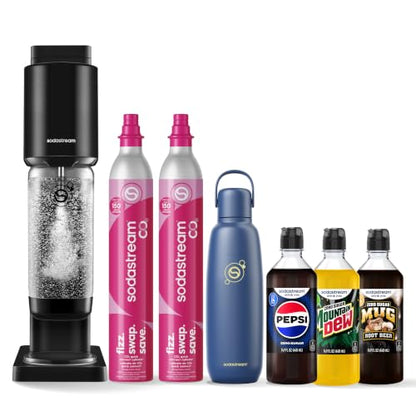Sodastream Fresh | Soda Machine Sparkling Water Maker Value Bundle (Black) With 2x 60L CO2 Canisters, 1x Carbonating Bottle, 1x Fizz & Go Cool Metal Bottle (Storm) and 3x Zero Flavors