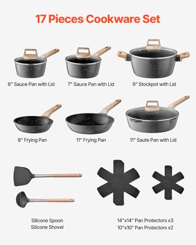 VEVOR 17 Piece Pots and Pans Set Nonstick, Granite Cookware Set, Induction Cookwares, Kitchen RV Cooking Sets with Frying, Sauce, Saute, Tempered Glass Lids, and Pan Protectors, Black