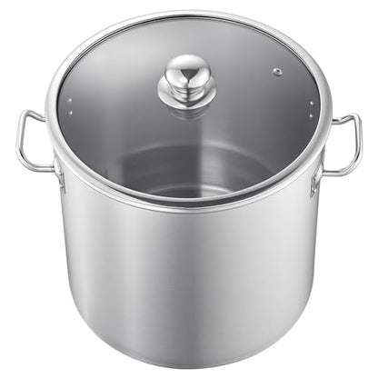 VEVOR Stainless Steel Stock Pot, 21-Quart Stainless Steel Stockpot with Glass Lid, PFOA-Free, PFAS-Free, Compatible with Gas Stoves, Induction Cooktops, Electric Stoves, for Soups, Stews, and Pasta
