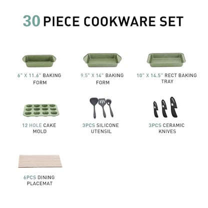 MAISON ARTS Pots and Pans Set Non Stick, 30 Piece Kitchen Cookware & Bakeware Sets with Granite Coating, Pots and Pans Sets for Cooking Nonstick, Green